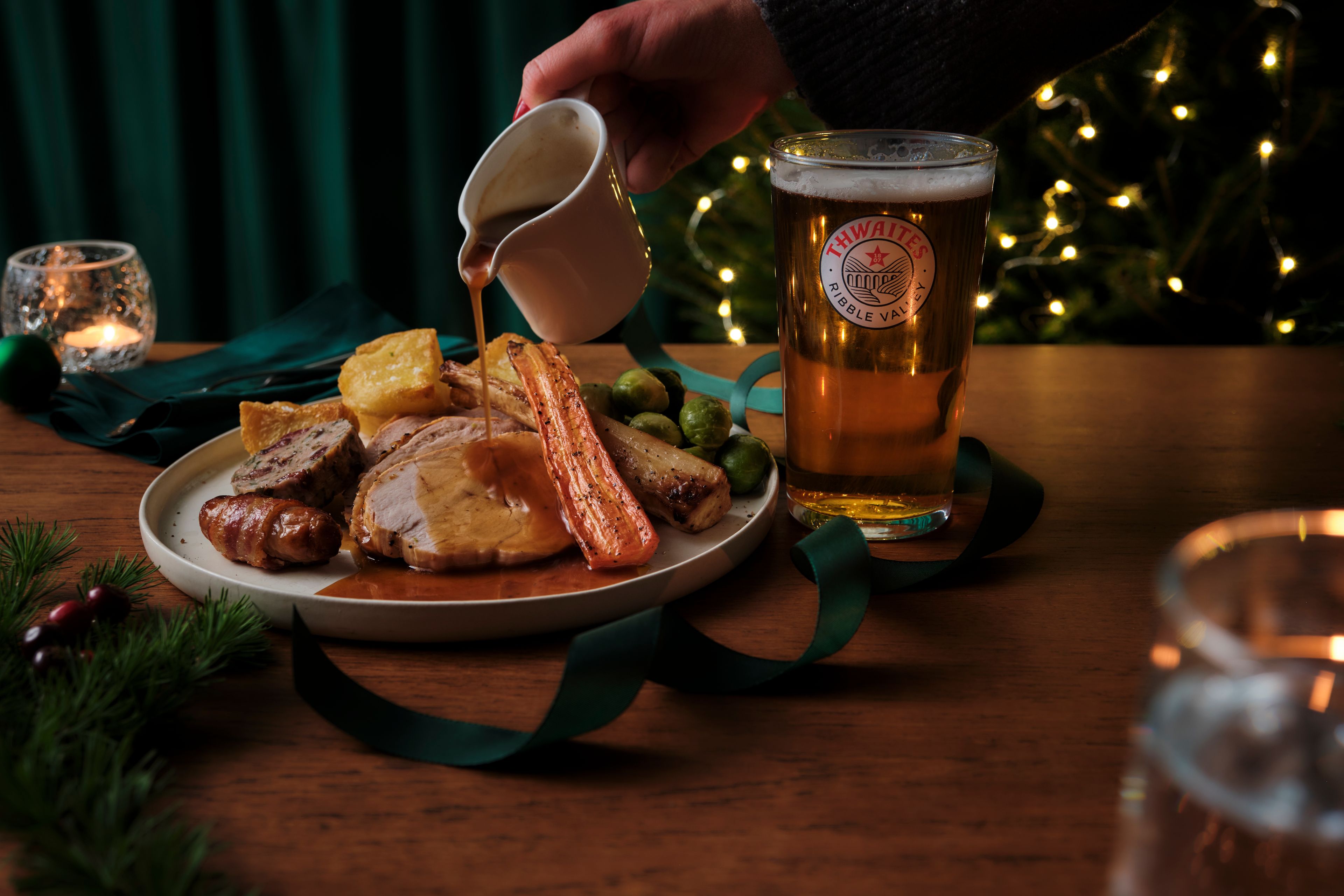 Christmas dinner with a pint of ale
